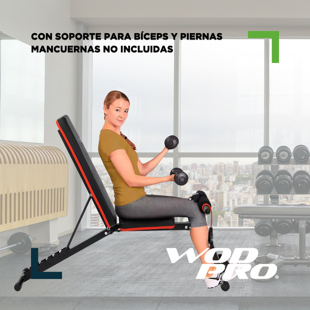 Banca multiposición con soporte para bíceps y pierna Wod Pro