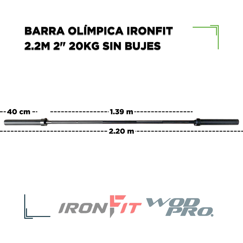 Barra Olímpica IronFit 2.2m 2" 20kg sin bujes