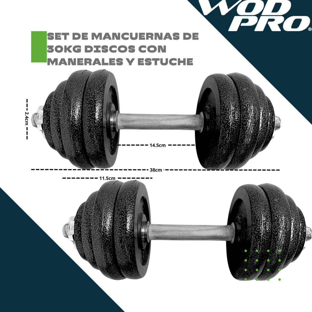 Set de mancuernas de 30kg discos con manerales y estuche Wod Pro