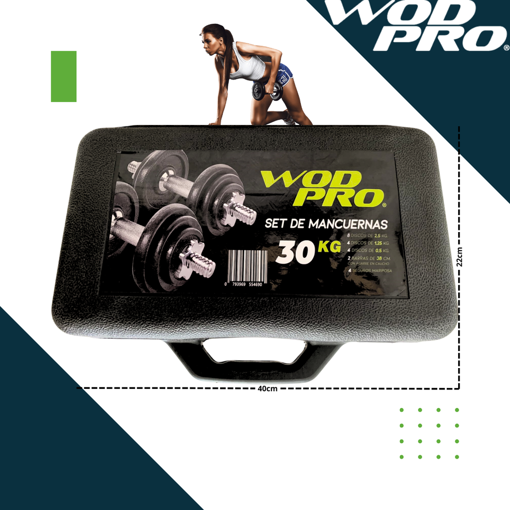 Set de mancuernas de 30kg discos con manerales y estuche Wod Pro