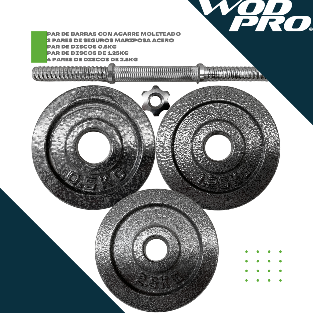 Set de mancuernas de 30kg discos con manerales y estuche Wod Pro