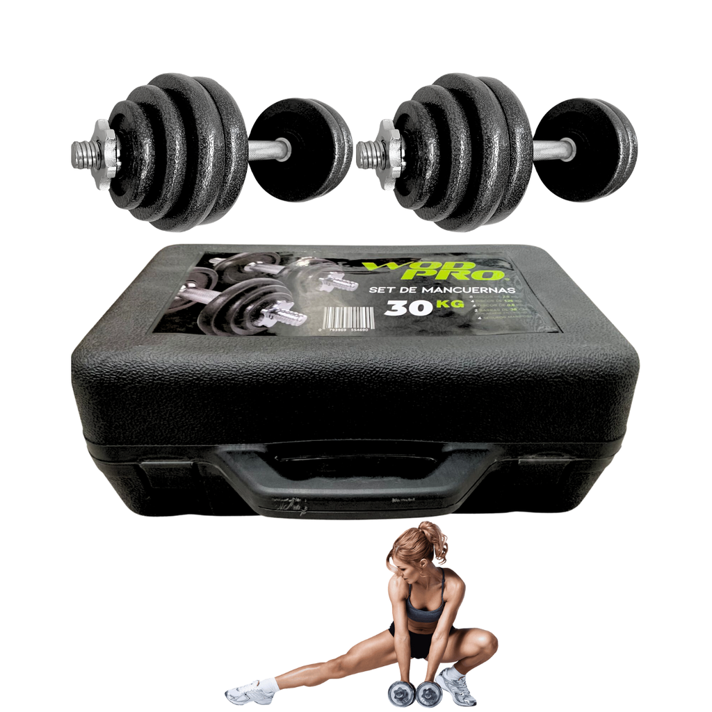 Set de mancuernas de 30kg discos con manerales y estuche Wod Pro
